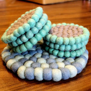"Set of One 17 cm Felt Ball Trivet and Six 10 cm Felt Ball <b>Coaster</b>"-Handmade Natural Wool <b>Coaster</b> Set Soft Felt <b>Coaster</b> Set - Product Image 3