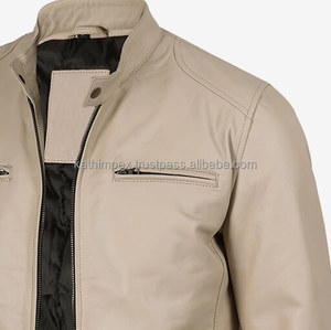 Chaqueta de Motociclista de Cuero Auténtico Beige para Hombre, Estilo Urbano, Cuello Alto, Cierres Frontales, Cintura Ajustable, Transpirable, para Invierno - Product Image 6