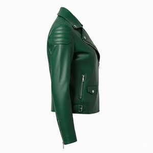 Veste en cuir vert pour femmes, style moto, vente en gros personnalisée, usine, cuir véritable, vêtements d'extérieur, mode motard, manteau pour femmes - Product Image 4