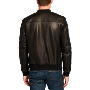 Veste bomber universitaire en cuir de vachette en gros, fermeture éclair, veste d'hiver noire de style streetwear avec logo en relief - Product Image 2