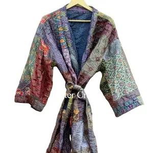 Vintage Silk Sari Grey Kantha Kimono Robe Lover Recycled Dressing Gowns Women Patchwork Jacket Kimono Robe Gift for her