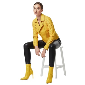 Chaqueta de Motociclista de Cuero Amarillo para Mujer, Botones a Presión Personalizados, Precio de Fábrica al por Mayor, Estilo Motero Genuino, Abrigo de Moda para Mujer - Product Image 1