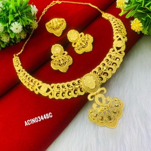 Luxury 24K Gold Plated Brass Flower Shape Filigree African Jewelry Set for Women Dubai Style Charm <b>Necklace</b> with Earrings & <b>Ring</b> - Product Image 2