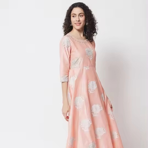 Kurta Anarkali de Seda Chanderi Pastel con Diseño Premium, Estilo Casual para Oficina, Largo hasta el Suelo, para Mujer - Product Image 1