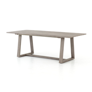 Mesa de comedor de madera maciza recuperada hecha a mano, tapa Natural con acabado antiguo plateado, Base de hierro de forma ovalada, precio al por mayor - Product Image 1