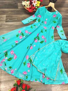 Vestido Maxi Georgette estampado de loto con bordado Dupatta - Product Image 3