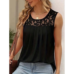 Blusa de Viscosa con Tirantes y Cuello Redondo para Mujer, con Detalle de Encaje, 36854 - Negro - Product Image 1