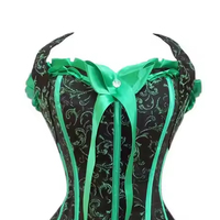 Corset Bustier Femme en Brocart Vert Floral, à Baleines en Acier, à Lacets, avec Bretelles