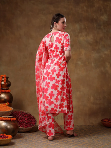 MERAKI NARANJA ESTAMPADO FLORAL MUSELINA KURTA SET ORGANZA DUPATTA Vestidos casuales de algodón Fit Flare Media manga Vestido natural - Product Image 4