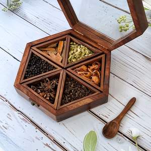 <b>Wooden</b> masala <b>box</b> with rich brown finish and handmade partitions perfect for Indian spices in vintage-style kitchens - Product Image 3