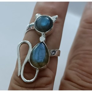 925 Sterling Silver Handmade <b>Cat</b> <b>Ring</b> for Women Fashionable Labradorite Gemstone Bezel Set Licensed Private 'IS' Gift for Her - Product Image 6