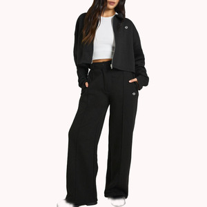 Ensemble veste courte zippée noire et pantalon de survêtement ample pour femme, en mélange de coton, vêtements de sport, fabrication en gros OEM - Product Image 2