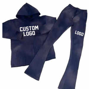 Trendy Unisex Vintage Printed Full Flare Zip Hoodie Pants Tracksuit Acid Washed 100% Organic Cotton Distress <b>Applique</b> Embroidery - Product Image 2