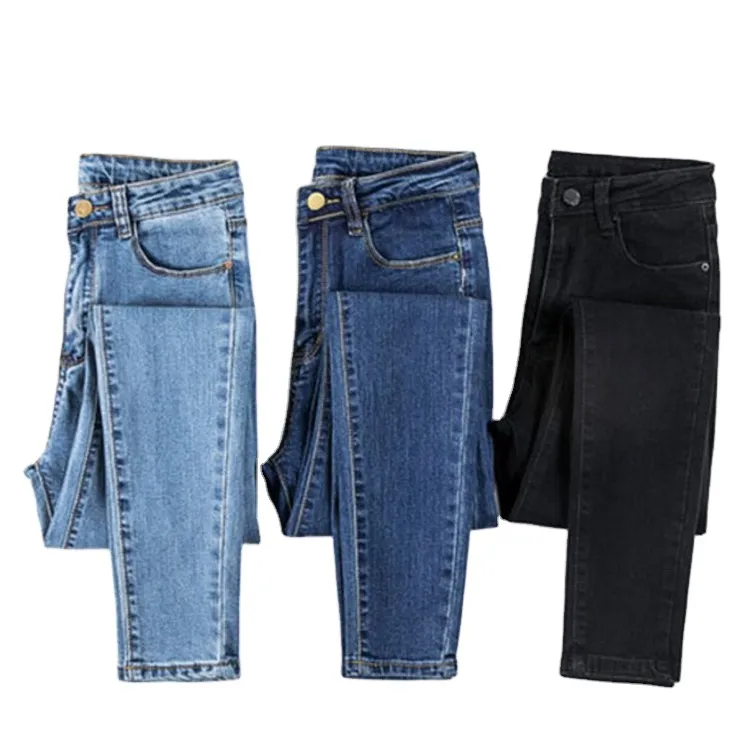 Comprar mais barato Custom Europeu Moda Feminina Denim Calças 3 Cor Mulheres Cintura Alta Skinny Jeans Melhor Preço em linha reta Azul Denim Jea