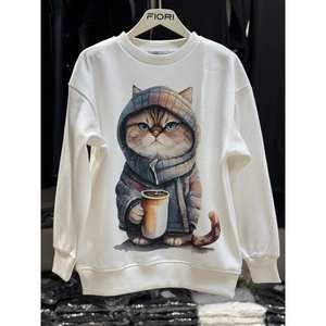 Sweat-shirt respirant à col rond avec imprimé chat, en tissu tricoté brossé 3 fils - Product Image 3