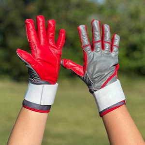 Gants de frappe de baseball/softball professionnels à manchette longue en cuir de palmier gris et rouge, confortables et légers pour hommes et femmes - Product Image 4