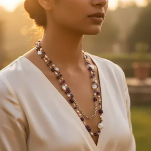 Collier de perles avec améthyste et perle, chaîne en argent 925, style bohème, à porter au quotidien, unisexe - Product Image 2