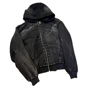 Sudaderas con capucha de diamantes de imitación con remaches y cremallera de lavado ácido desteñido por el sol de gran tamaño, logotipo personalizado de alta calidad, 500g/m², 100% algodón - Product Image 2