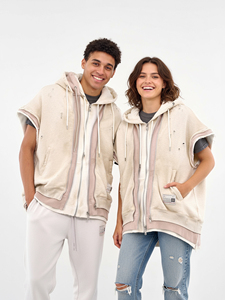Personnalisé Vintage Distressed Double Couche Fermeture Éclair À Capuche Manches Courtes Surdimensionné Pull Streetwear Hoodies pour Hommes et Femmes - Product Image 2