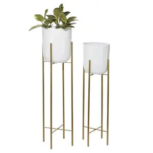 现代金色金属花盆，带白色支架长花盆，用于落地桌装饰经典植物支架展示印度制造