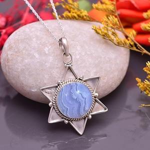 Vente en gros de colliers à pendentif en argent sterling 925 avec pierre précieuse en agate dentelle bleue plaqué rhodium bijoux fins bijoux à pendentif en argent 925 - Product Image 3
