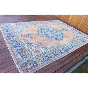 Alfombra Vintage, Alfombra Grande de 6.7x9.6 pies, Alfombra de Lana Azul y Rosa - Product Image 2