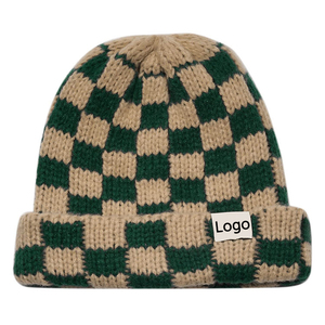 Custom Logo <b>Winter</b> Warm Outdoor Ski Beanie <b>Hat</b> Elastic Knit Checkerboard Checkered Printed Digital Manufacturer's Product - Product Image 3