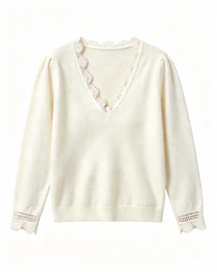 Maglione da Donna Personalizzabile OEM ODM, Colore <span class=keywords><strong>Bianco</strong></span> Primaverile, Lavorazione a <span class=keywords><strong>Maglia</strong></span> Liscia, Stile Vintage Invernale con <span class=keywords><strong>Pizzo</strong></span>, Prezzo all'Ingrosso - Product Image 1