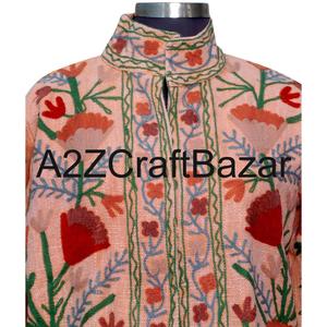 Women's Handmade Knitted Floral Suzani Embroidery Ruffles Cotton V-neck Short Bomber Jacket Vintage Boho Winter Wear Wholesale - Product Image 3