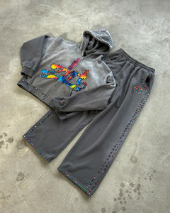 Ensemble de sweats à capuche et de pantalons de survêtement pour hommes décoloration au soleil délavé à l'acide haut GSM Streetwear Zip-Up DTG Print Drilled Gems Embroidered Oversized - Product Image 2