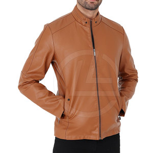 High Quality Sheep Skin Leather Trucker <b>Jacket</b> for <b>Men</b> with Zipper Front and Stand Collar <b>Canvas</b> Fabric - Product Image 5