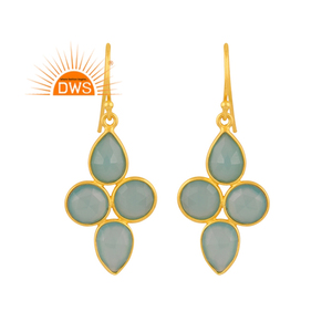 Dernières tendances en argent sterling plaqué or Aqua calcédoine pierre précieuse conception florale balancent boucle d'oreille Demi fournisseur de bijoux fins - Product Image 1