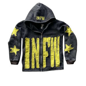 Parche desgastado bordado Vintage apliques personalizados costura corte y coser hombres recortada piedra ácido lavado Sudadera con capucha - Product Image 1