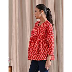 Red Jaipuri Block Printed Cotton Peplum <b>Top</b> Breathable Feature - Product Image 5