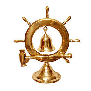 Campana de escritorio de rueda de latón recién llegada en Base de madera con acabado dorado con martillo rojo artesanía de Metal indio campana de escritorio de aspecto Vintage - Product Image 3