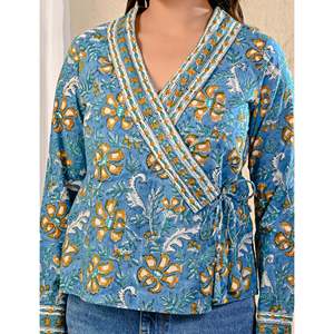 Blusa Azul Jaal con Bordado Floral y Cuello Asimétrico de Tela Popelina con Detalles Laterales en Dori, Blusa Formal Larga para Mujer, Tallas XS a XL - Product Image 2