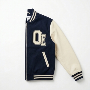 Blouson zippé en mélange de laine bleu marine et crème pour homme, avec broderie personnalisée, col et poignets en tricot côtelé, style streetwear décontracté, vente en gros USA - Product Image 3