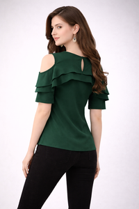 Shoryam Fashion Blusa de Mujer Verde con Cuello Redondo y Manga Media, Hombros Descubiertos con Volantes, Elegante, Estilo Formal Occidental, Sólida, de Crepé de Secado Rápido - Product Image 2
