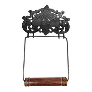 Porte-rouleau de papier toilette mural en fonte, couleur marron, finition avec poignée en bois, durable, facile à nettoyer, design vintage - Product Image 3