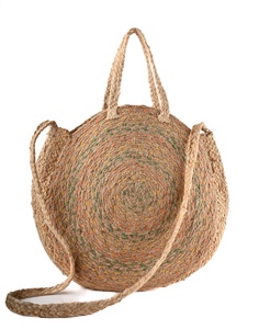 Sac à bandoulière rond en jute bohème avec motif tissé coloré, sac de plage d'été pour femmes - Product Image 2