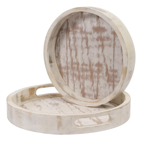 Juego de 2 bandejas decorativas y redondas de madera de mango de Color blanco desgastado hechas a mano de alta calidad para suministro de Hotel y restaurante - Product Image 2