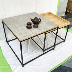 Industrial Style 70x70x54cm Square Double <b>Sofa</b> <b>Table</b> with Nesting Feature Plywood Wood and Iron Frame-Model TT68204 - Product Image 2