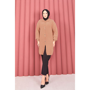 Cardigan en laine d'angora boutonné doré avec imprimé, décontracté, hiver, automne, printemps, hijab, couleur camel - Product Image 3