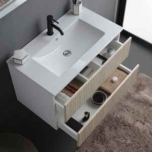 Meuble de salle de bain mural en bois cannelé de 100 cm avec 2 tiroirs et miroir minimaliste Bali de 100x60 cm, ensemble de salle de bain - Product Image 6