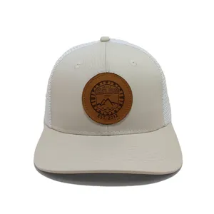 定制皮革贴片设计品牌标志卡车司机帽6面板预弯曲白色网眼后卡车司机帽美国时尚运动帽