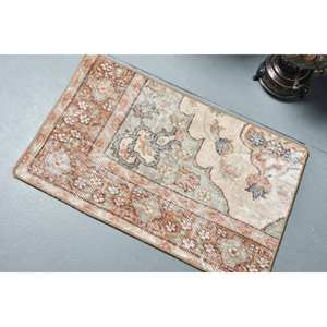 Alfombra turca vintage de 1,4x2,4 pies, color beige, verde, lana hecha a mano, área grande, diseño de retazos rectangulares para pasillo, Alfombra de habitación de látex - Product Image 4