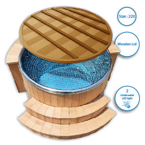 Bain à remous haut de gamme en acier inoxydable 304 de 220 cm de diamètre avec couvercle en cèdre rouge, 1 escalier et 2 éclairages LED pour villas ou hôtels en plein air - Product Image 1
