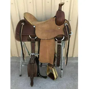 Selle de ranch Roper sculptée à la main en cuir brun foncé de l'Ouest: 14 "à 18" - Product Image 1