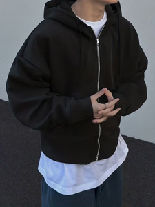 Sweat à capuche décontracté pour homme, couleur unie 3D, épaules tombantes, manches longues, poche à cordon, style preppy, coupe régulière, automne/hiver, fermeture éclair - Product Image 2