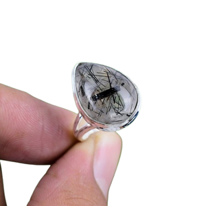 Anillo giratorio de rutilo negro con piedras preciosas hechas a mano de plata de ley sólida 925, anillo de regalo de boda Natural, Plata estampada 925 para fiestas - Product Image 1